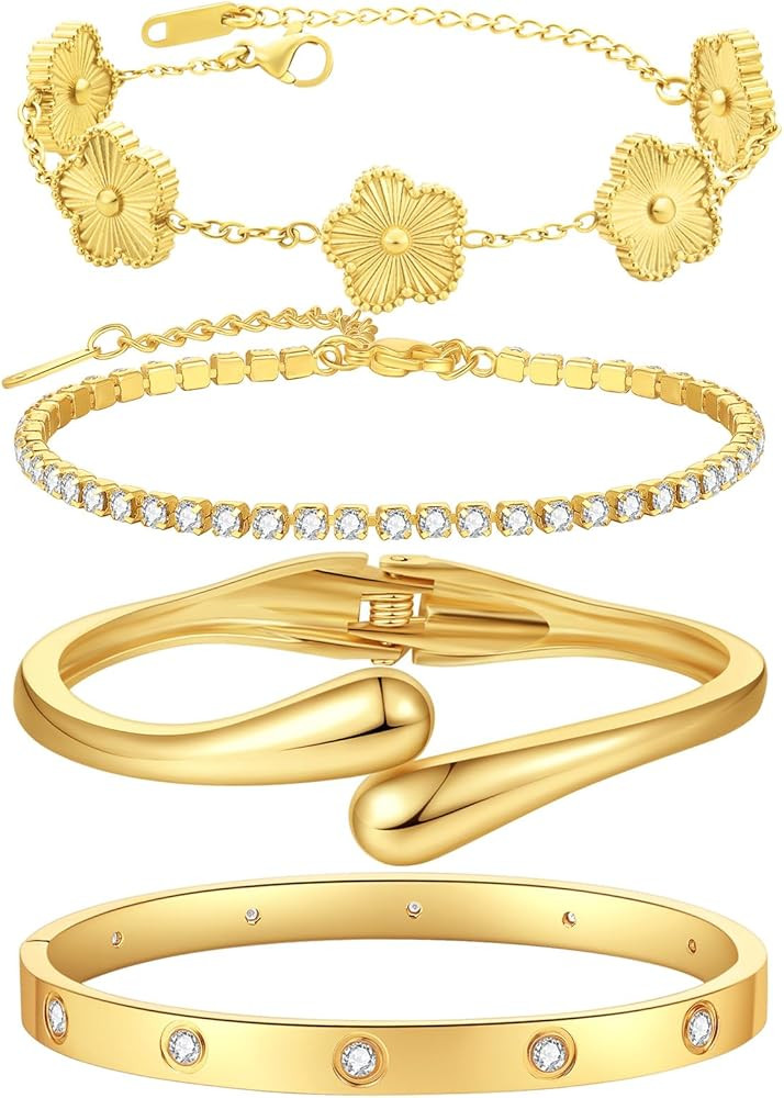 PDWZNBA 18K Gold-Plated Bracelet Set – Floral Clover, Tennis, Chunky Adjustable Twist Cuff, Cla... | Amazon (US)
