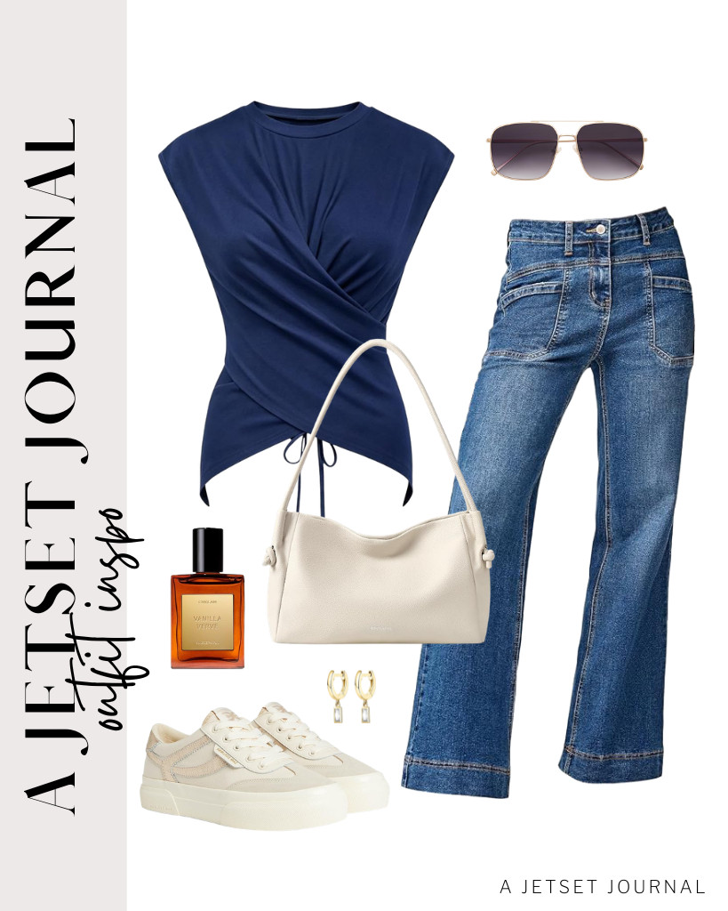 You can use this BOSTANTEN shoulder bag with a dark blue asymmetrical top and bootcut jeans from EVALESS. For your footwear, you can wear the Sam Edelman Simone sneakers. Apply this CYKLAR Perfume Oil for Skin before you head out.

#LTKSeasonal #LTKSaleAlert #LTKTravel
 

 