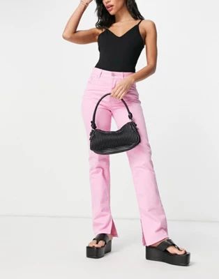 ASOS DESIGN mid rise '90s' straight leg jeans in hot pink with split hem | ASOS (Global)