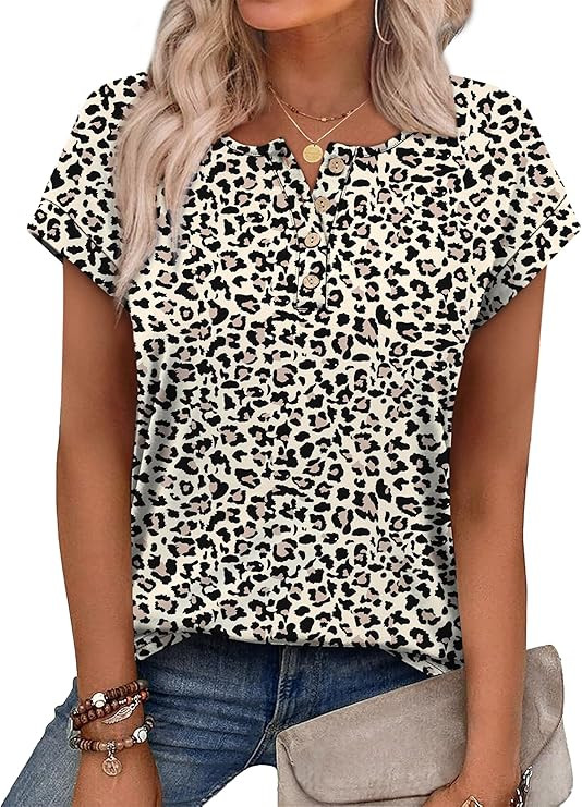 OFEEFAN Womens Tops Henley Shirts Short Sleeve Business Work Blouses Dressy Casual Summer Tops Sp... | Amazon (US)