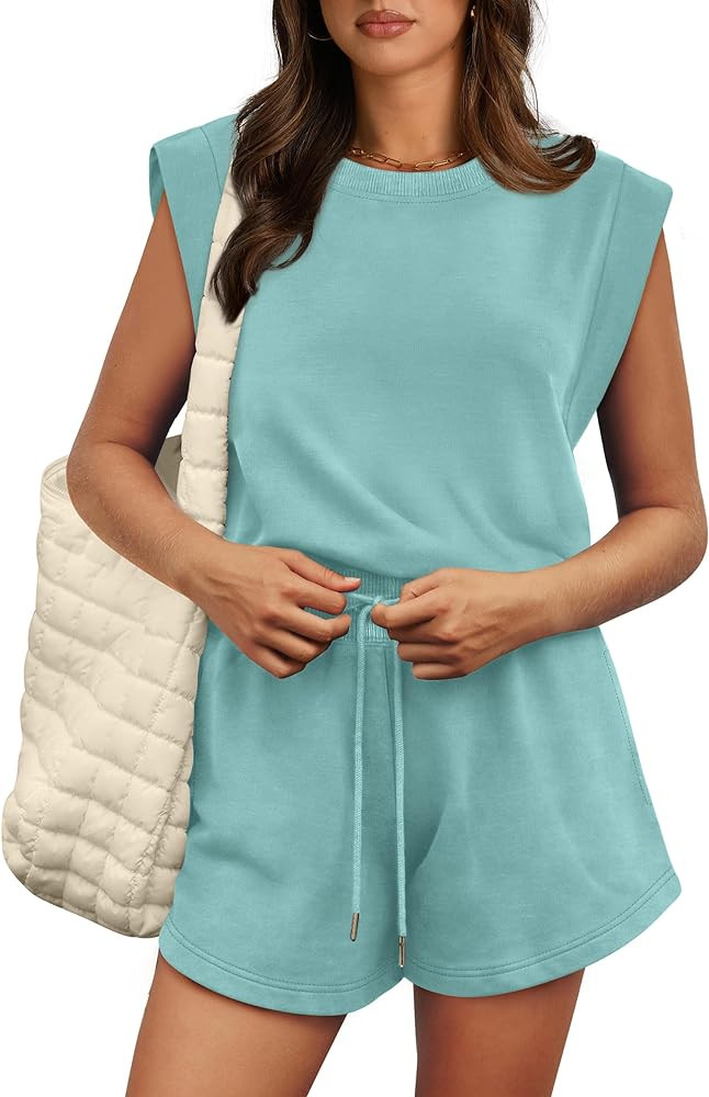 OFEEFAN Rompers for Women Summer Cap Sleeve Adjustable Drawstring Waistband Crewneck Casual Outfi... | Amazon (US)