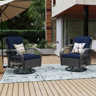 Gray Wicker Outdoor Rocking Chair Patio Swivel Chair with Navy Blue Cushion (Set of 2) | The Home Depot