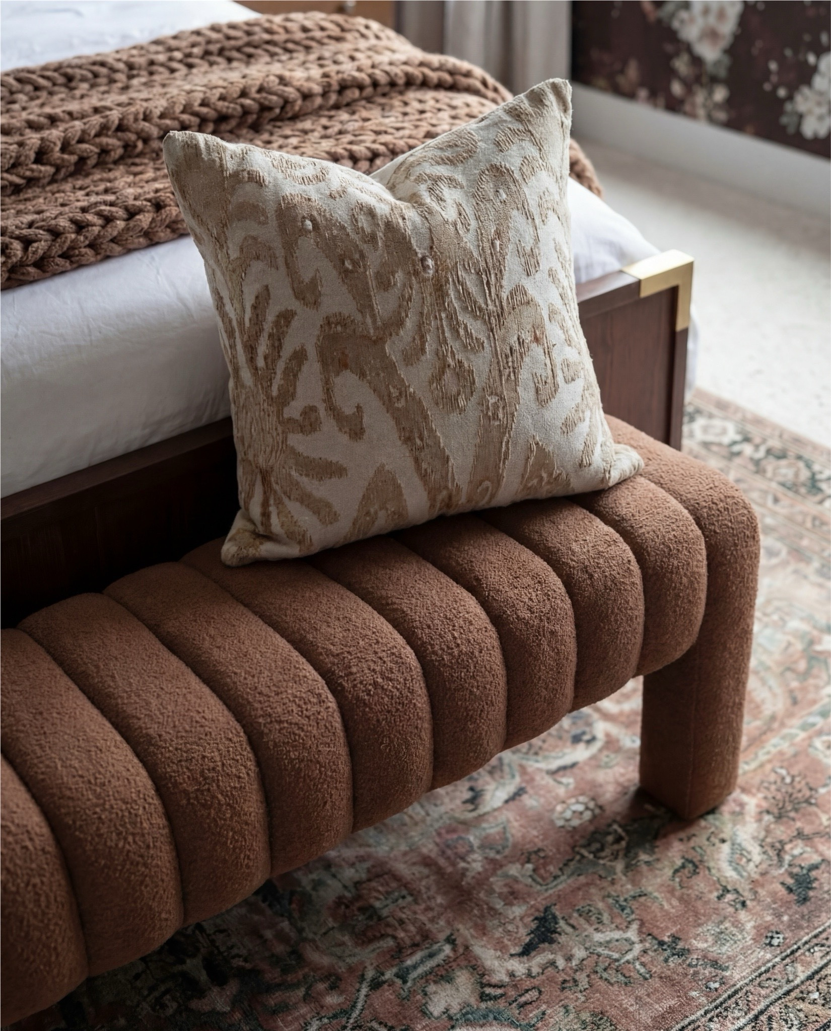 Shop the Look: Bedroom Refresh
Dark wood and brass bed
Sand and taupe throw pillows
Chunky cocoa brown knit throw
Caramel brown ribbed bench
Vintage-inspired terracotta and sage rug
Wood nightstands
Textured white lamps
Moody floral wallpaper
Globe pendant
Glass vase
Decor books

#LTKSaleAlert #LTKHome