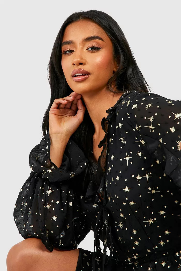 Petite Metallic Star Ruffle Tie Skater Dr | Boohoo.com (UK & IE)