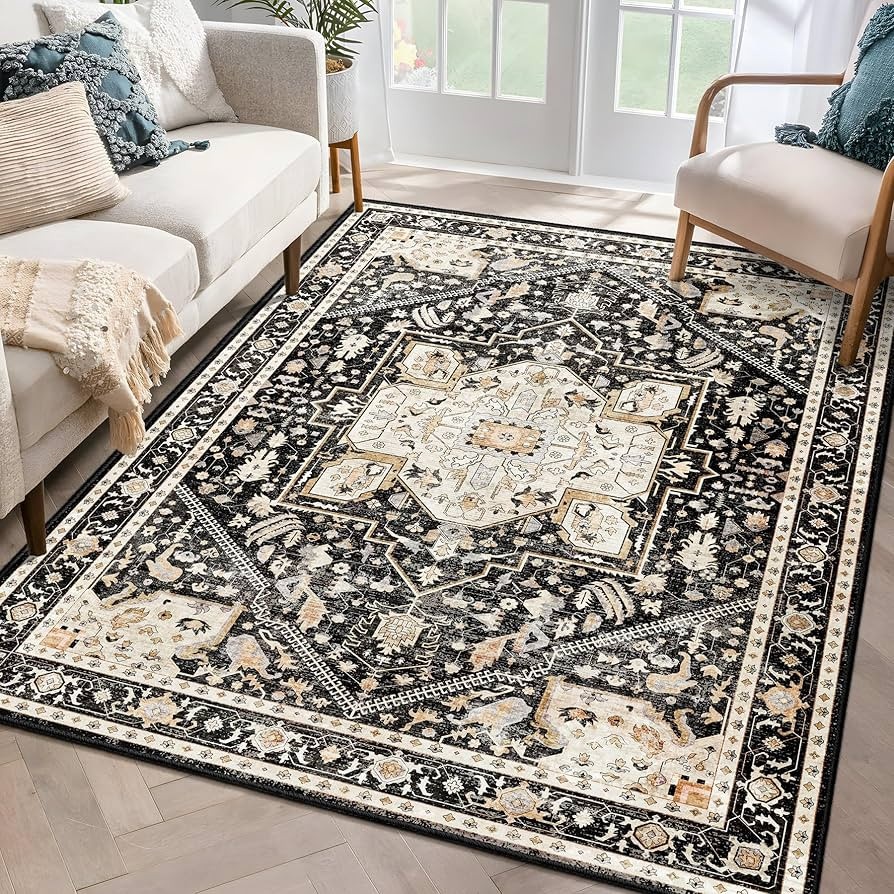 MUJOO Black Area Rugs 5x7,Washable Rugs for Living Room Bedroom Bedside,Large Boho Non Slip Carpe... | Amazon (US)