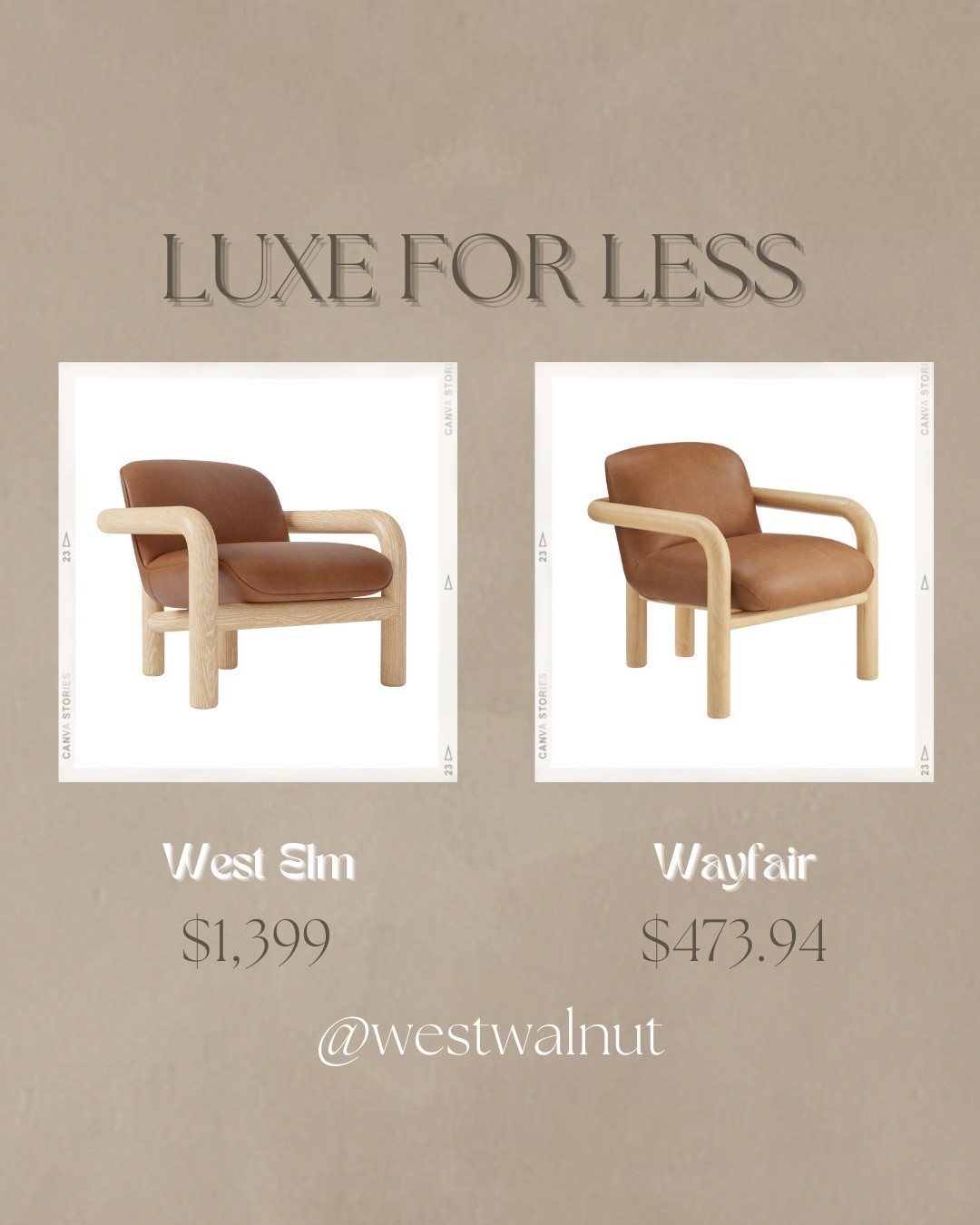 On the left is the Benson Leather Chair from West Elm. This chair features an ash wood frame and legs as well as a genuine top-grain leather. 

On the right is the Olympia 30" Upholstered Wooden Leather Accent Arm Chair from Wayfair. This chair conveys a similar visual feel but it is constructed with more affordable materials such as manufactured wood and faux leather. 

#accentchair #modernchair #luxeforless #homedecor

#LTKHome