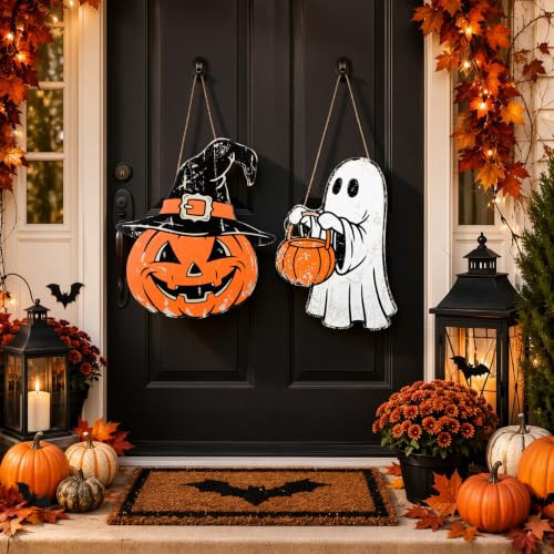 SiliFine 2 Pcs Vintage Halloween Decorations Wooden Halloween Door Signs | Amazon (US)