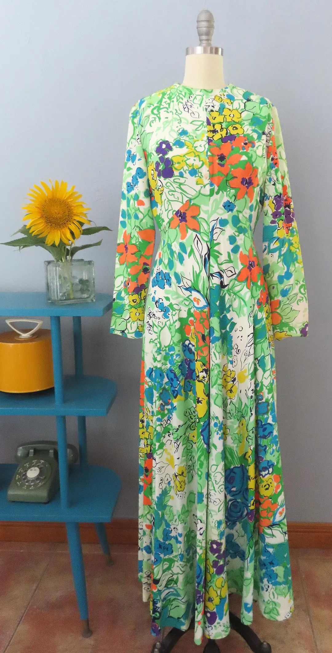 1960s Leslie Faye Floral Maxi Dress | Small S | Bright Floral Print Caftan Loungewear Hostess Dre... | Etsy (US)
