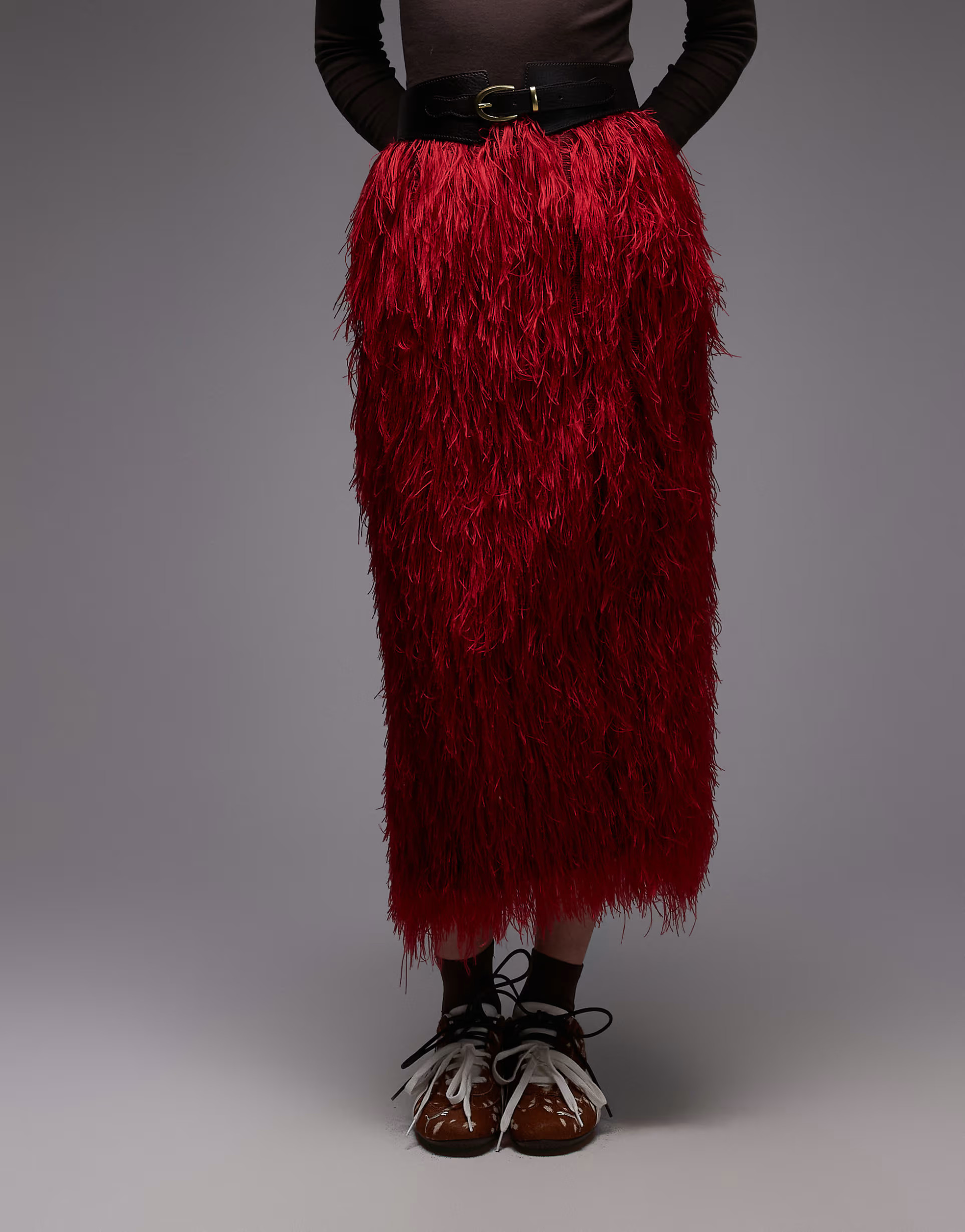 ASOS DESIGN 3D fringe midi pencil skirt in red | ASOS (Global)