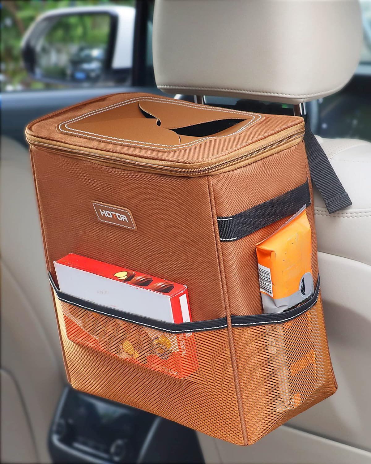 HOTOR Brown Car Trash Can with Adjustable Strap, Magnetic Snaps, Waterproof Lining, and Storage P... | Amazon (US)