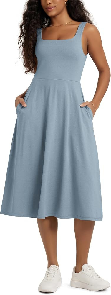 ODODOS Square Neck Midi Dress with Pockets for Women Summer Casual Sleeveless Sundress Flare Tank... | Amazon (US)