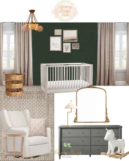 Beautiful green nursery inspiration, neutral rug, neutral curtains, storage baskets 

#LTKHome #LTKBump #LTKSaleAlert