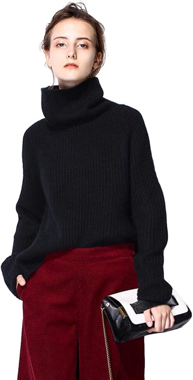 FINCATI Cashmere Sweater Women Turtleneck Casual Loose Long Sleeve Ribbed Elbow Asymmetrical Hem ... | Amazon (US)