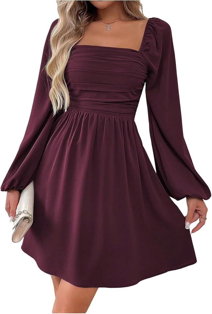 Floerns Women's Lantern Long Sleeve Mini Dress Square Neck Ruched A Line Dress | Amazon (US)