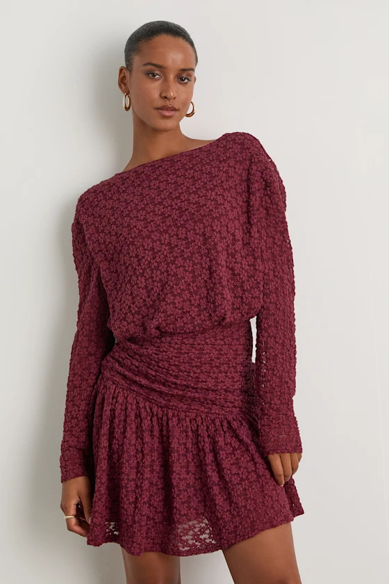 Zallie Wine Red Textured Knit Ruched Long Sleeve Mini Dress | Lulus