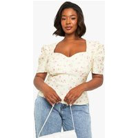 boohoo Women's Plus Ditsy Puff Sleeve Top in Lemon | Size: 24 | Denim/Polyurethane | boohoo (US & Canada)