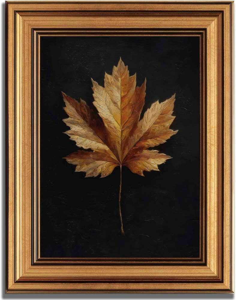 Gold Framed Maple Leaf Canvas Wall Art 3D Texture Dark Plant Maple Leaf painting Decor Picture Mo... | Amazon (US)
