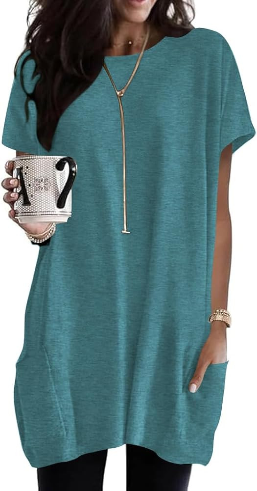 Naggoo Womens Short Sleeve Tunic Tops for Leggings Summer Casual Long Shirt with Pockets Floral P... | Amazon (US)