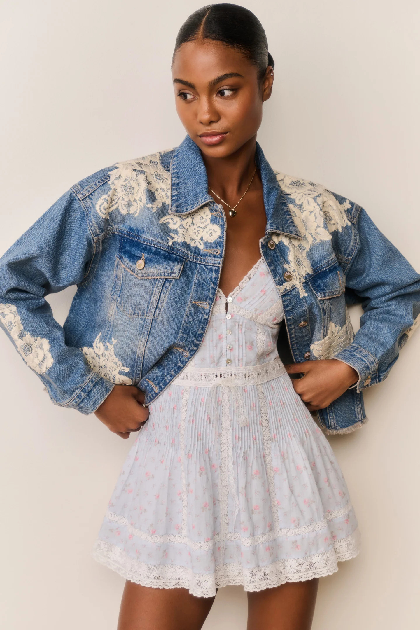 Amana Lace Appliqué Denim Jacket | LoveShackFancy