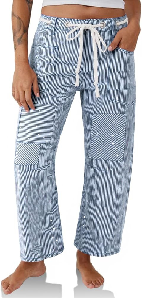 PLNOTME Womens Baggy Barrel Horseshoe Jeans Wide Leg Patchwork Low Rise Denim Pants with Pockets | Amazon (US)