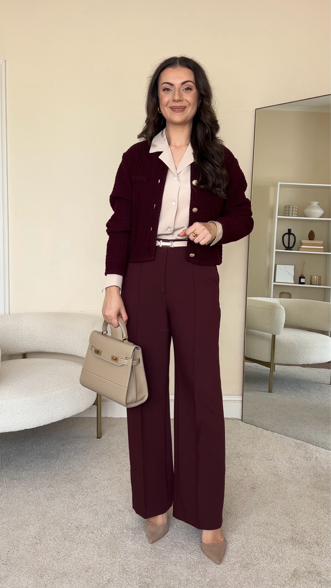 Styling burgundy trousers for workwear. Shirt is LilySilk, wearing size S. Use code Larisa20 to save 20% off your purchase. Trousers are H&M, wearing size UK10. Heels are old from H&M. Bag is Teddy Blake.

#LTKeurope #LTKwinter #LTKworkwear