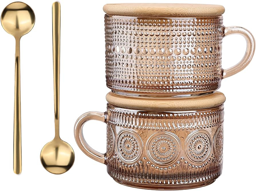 Vintage Glass Coffee Mugs Set of 2,Clear Embossed Glass Tea Cups with Bamboo Lids and Spoons, Cut... | Amazon (US)
