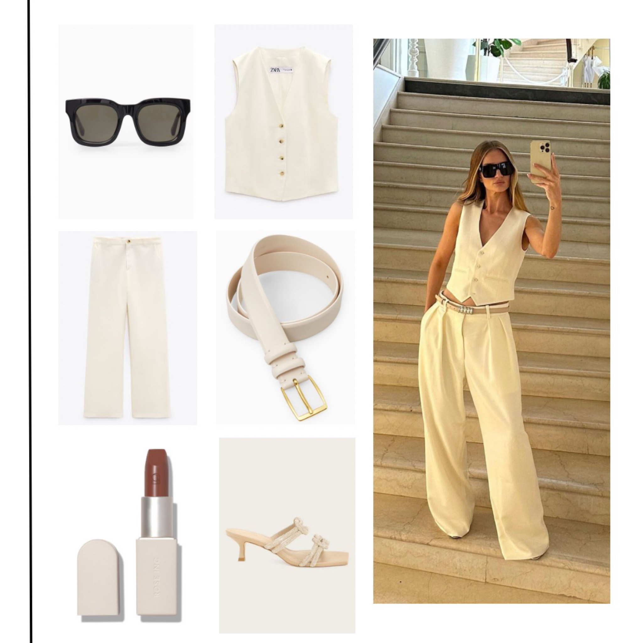 Rosie Huntington -Whiteley waistcoat tailored look with Zara set, cream belt, Cult Gaia heels and Rose Inc lipstick  

#LTKworkwear #LTKshoecrush #LTKFind