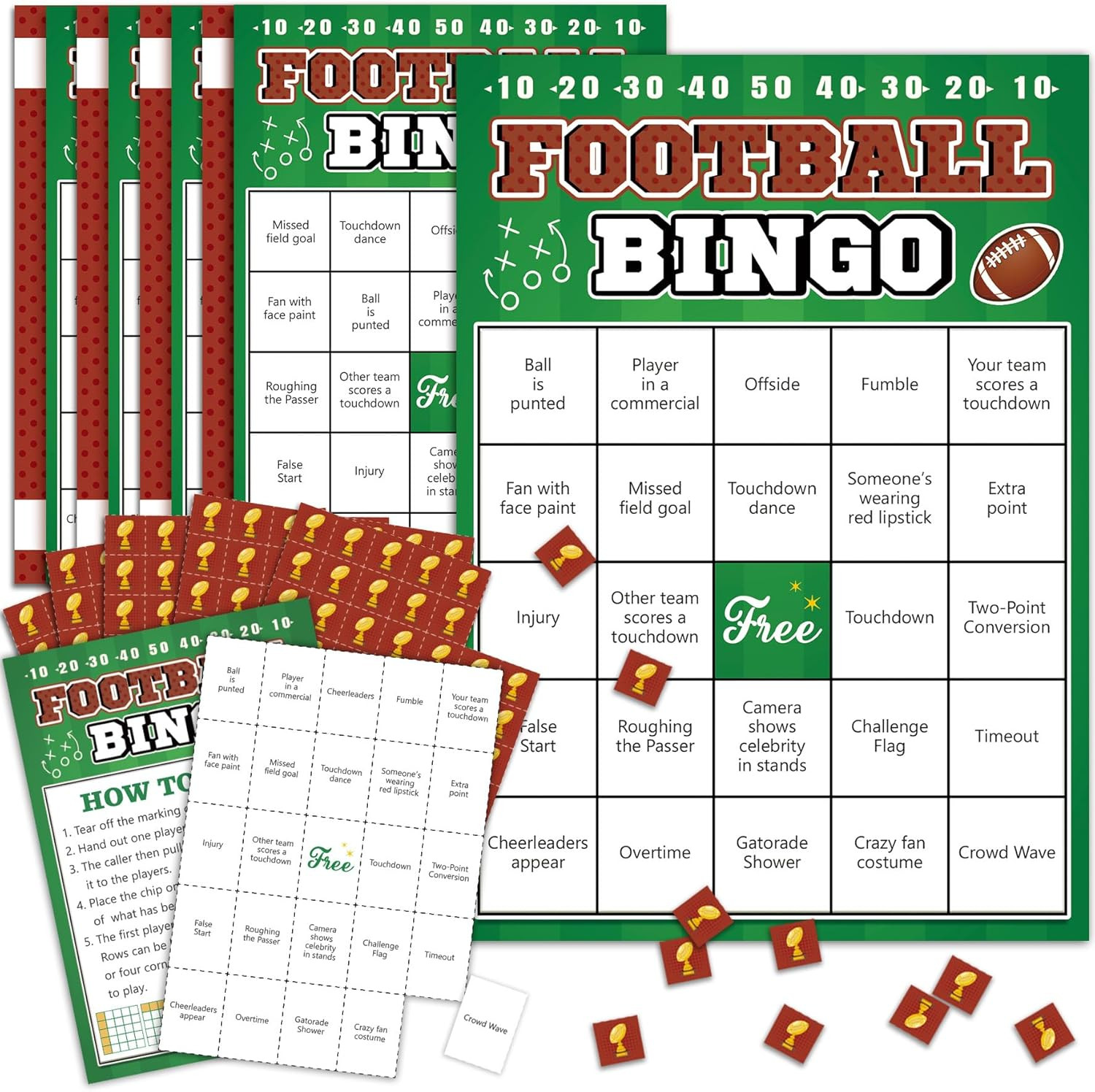 Football Bingo Game Cards - 24 Sheet, Party Favors for Super Bowl, Tailgate, Birthday Party, Family Game Night Activities | Amazon (US)