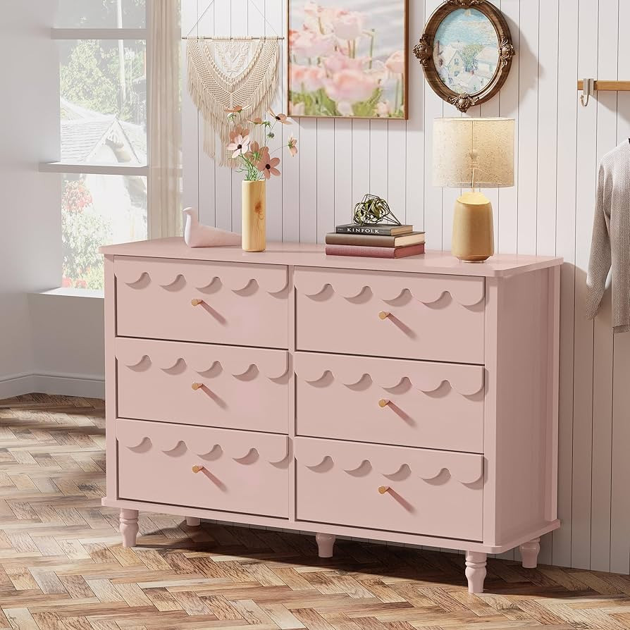 Anbuy Pink Dresser 6 Drawer Dresser for Bedroom, Modern Wide Chest of Drawers, Girls Scalloped Or... | Amazon (US)