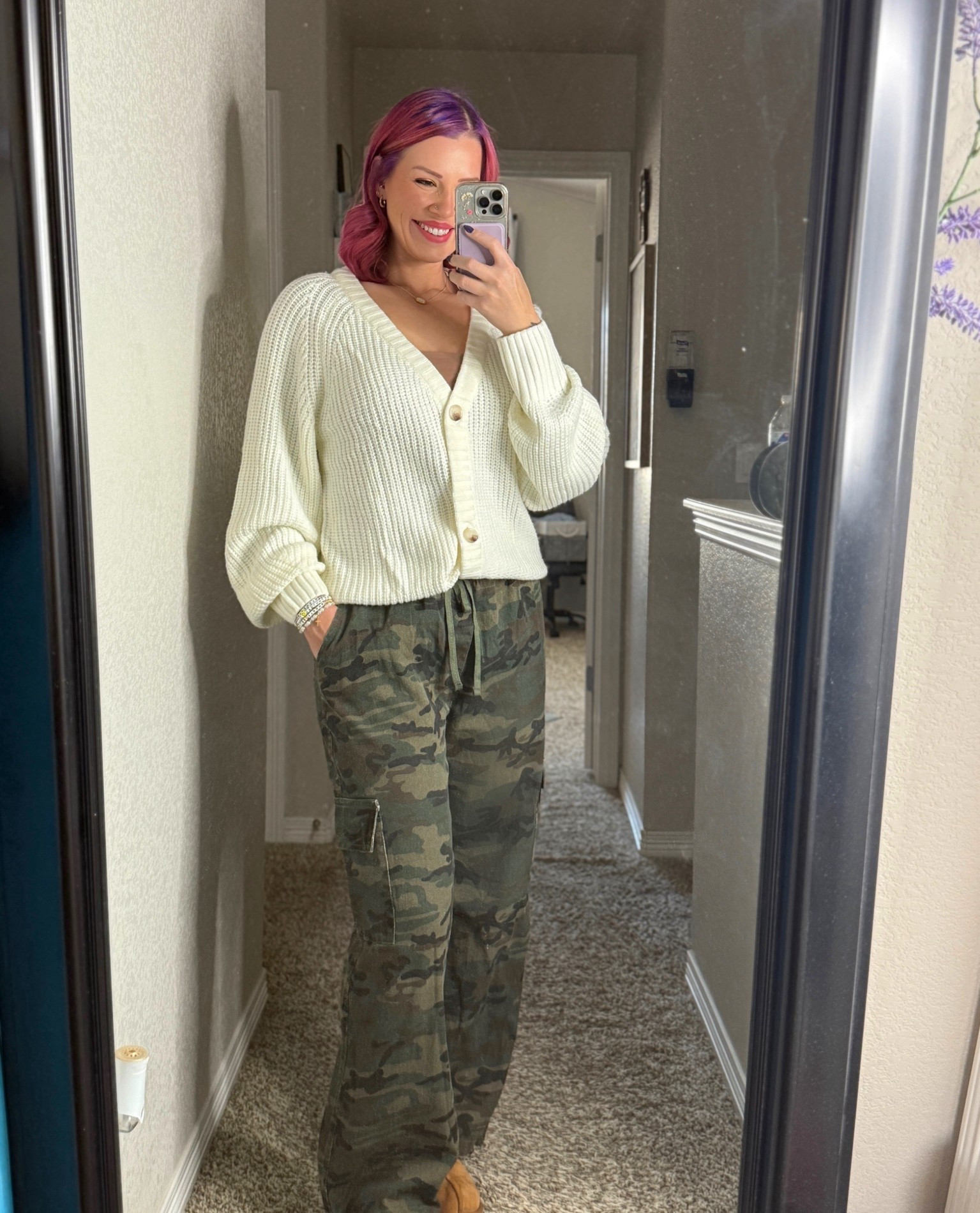 So fun putting this outfit together! These camo pants are actually from my Halloween outfit 🤣 but they are so cute and comfy! Pants are a large, cardigan is also a large. I am 5’7”, 155 lbs.

#LTKHoliday #LTKMidsize #LTKSeasonal