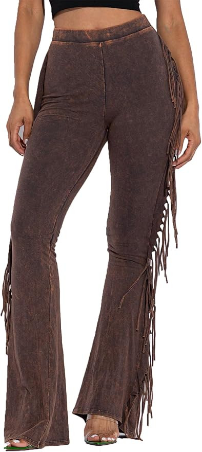 High-Waisted Bell Bottom Fringe Pants - Mineral Washed Stretchy Trousers with Waistband Cotton Sp... | Amazon (US)