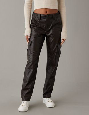 AE Stretch High-Waisted Vegan Leather Straight Cargo Pant | American Eagle Outfitters (US & CA)