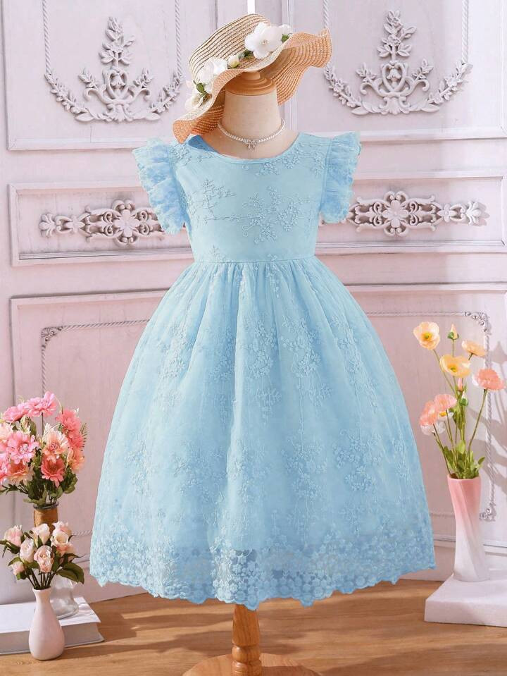 SHEIN Young Girl Solid Color Lace Flutter Sleeve Dress | SHEIN