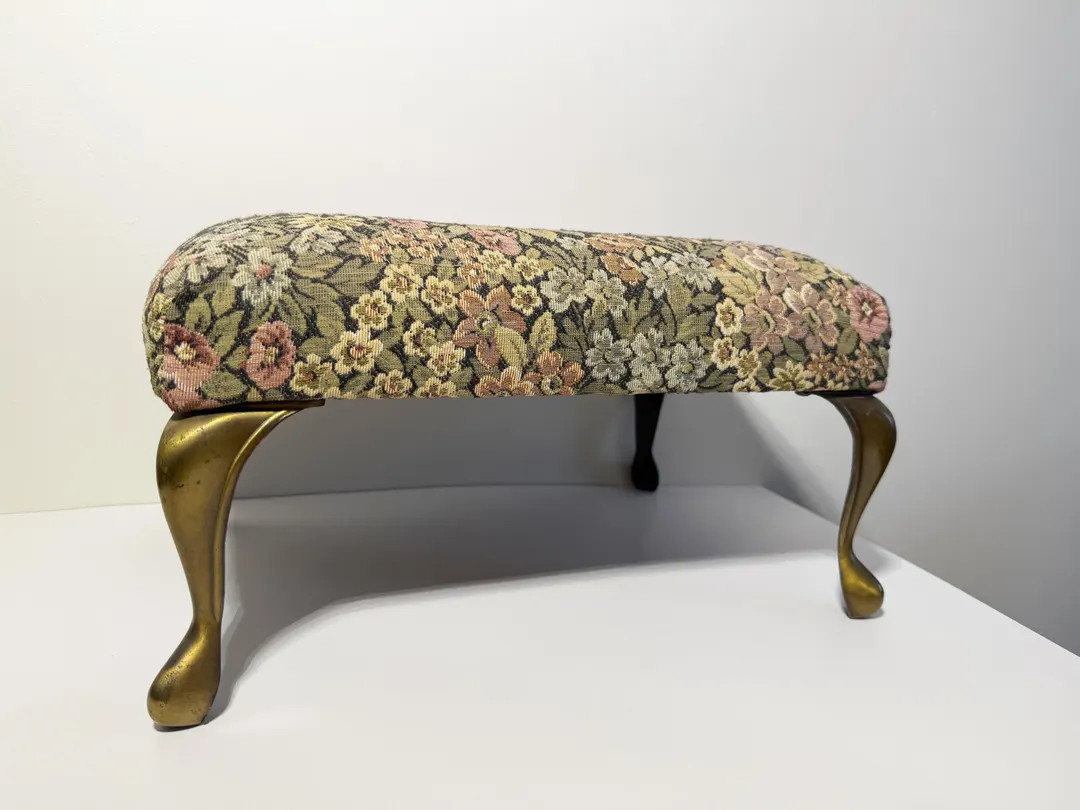 Vintage Floral Upholstered Footstool | Queen Anne Brass Legs | Needlepoint Style Decorative Stool... | Etsy (US)