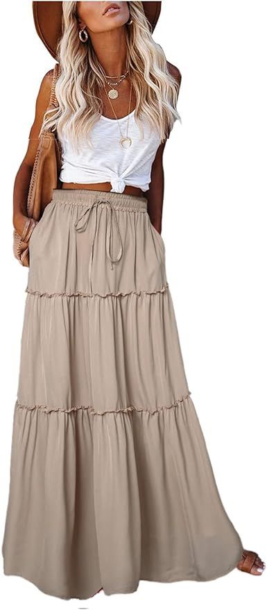 EARKOHA Womens Casual High Waist Tiered Paisley Print Long Maxi Skirt with Pockets | Amazon (US)