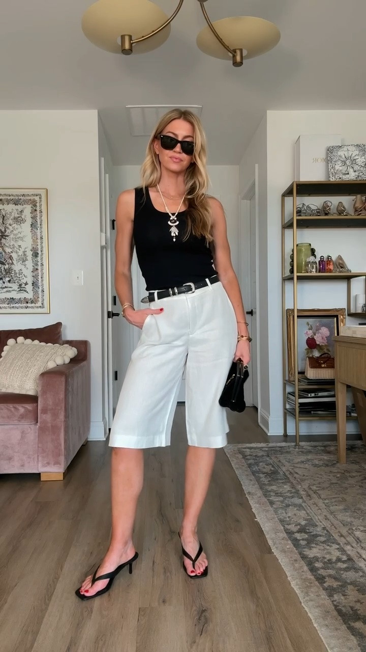 Black tank + white linen shorts! 
Tank, runs TTS, wearing size small 
Shorts: run TTS, wearing size 4

#LTKootd #LTKgrwm #LTKSeasonal