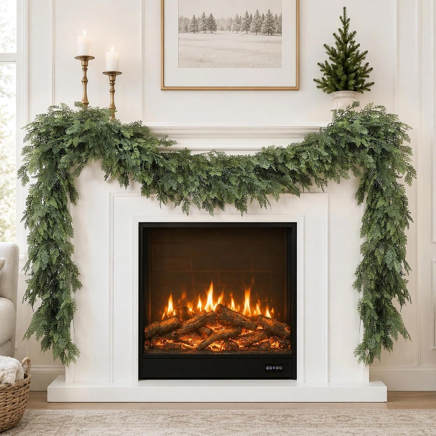 Christmas Garland 9FT Decorations Real Touch Cedar Cypress Pine Greenery Artificial Green Christmas Garland for Mantle, Fireplace, Table, Stairs, Door, Porch, Indoor Outdoor Decorations | Amazon (US)