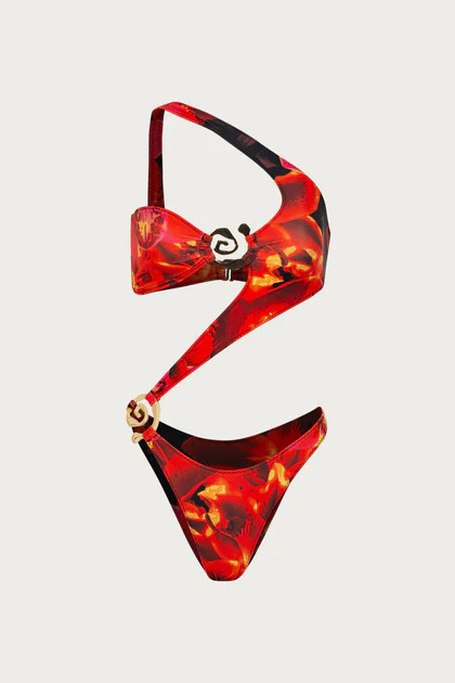 Spiral One Shoulder One Piece (Red Tropical) | SAME