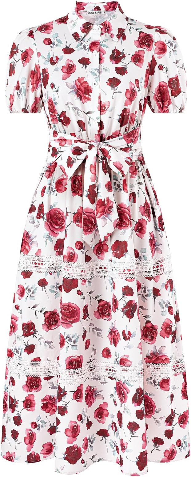 GRACE KARIN Women's 2026 Summer Floral Flowy Dresses Boho Tie Belt Short Puff Sleeve A Line Maxi ... | Amazon (US)