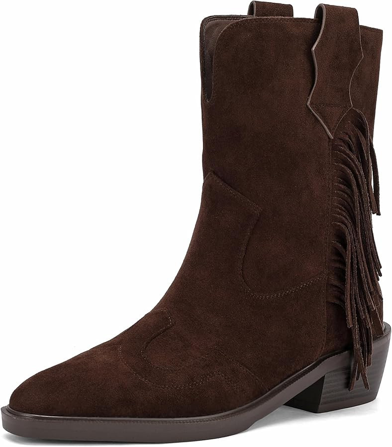 Cowboy Women's Fringe Western Boots Pointed Toe Mid Calf Boots Block Heel 1.5 IN Low Chunky Heels... | Amazon (US)