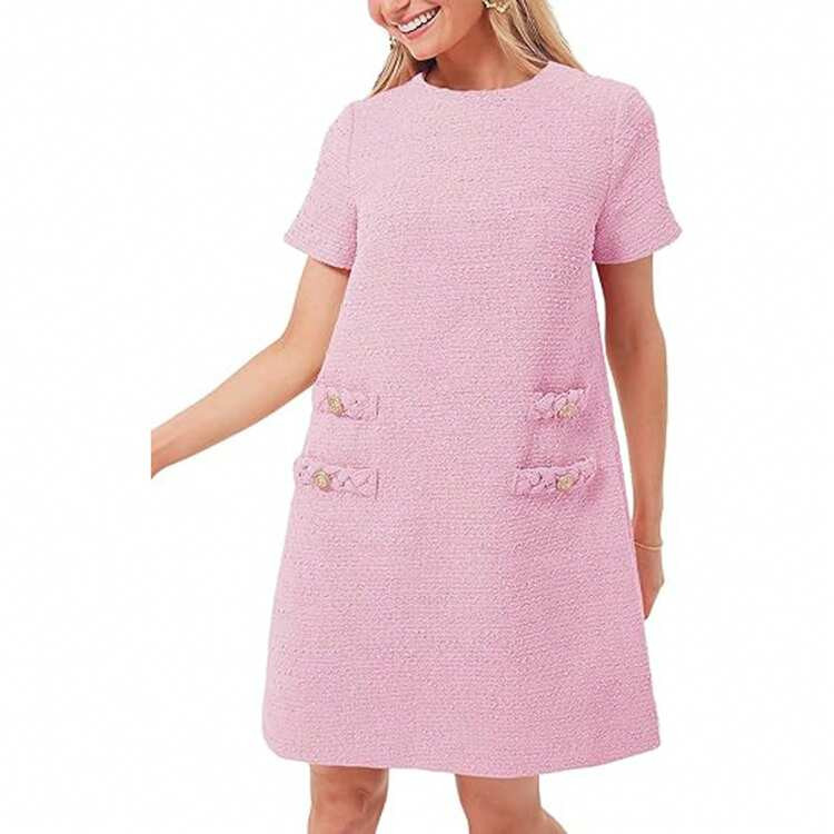 BZB Women's Tweed Mini Dress Short Sleeve Crew Neck Work Office Elagant Formal Summer A Line Dresses | SHEIN