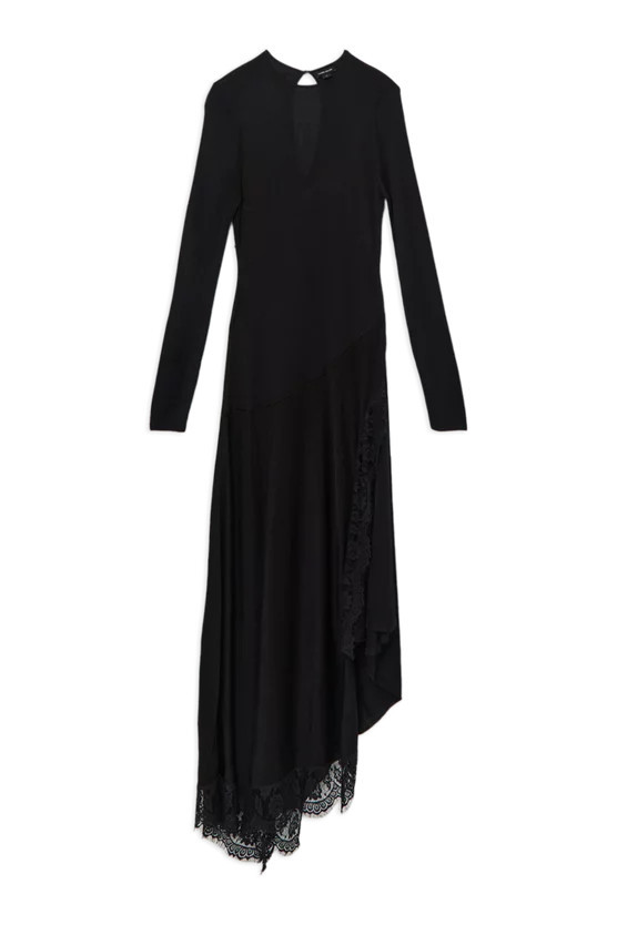 Viscose Blend Slinky Sheer Lace Detail Asymmetric Knit Midaxi Dress | Karen Millen | Karen Millen UK + IE + DE + NL