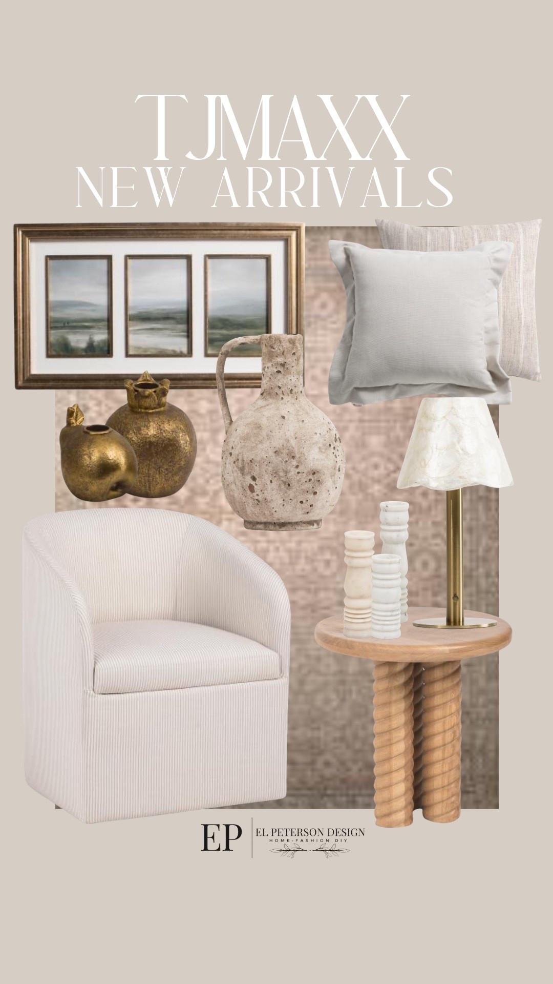 TJ Maxx
New Arrivals
Artwork
Table lamp
Rug
End table 
Throw pillows 
Accent chair
Vase

#LTKHome