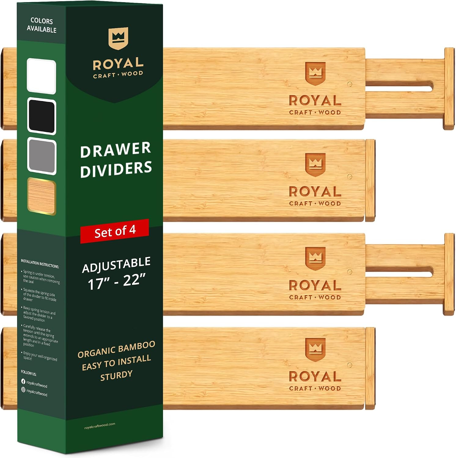 Bamboo Drawer Dividers Organizers, Adjustable Drawer Separator Splitters, 17–22 Inches Expandable Drawer Divider Organizer for Large Utensils, Kitchen, Bedroom, Dresser & Office Drawers 4-Pack | Amazon (US)