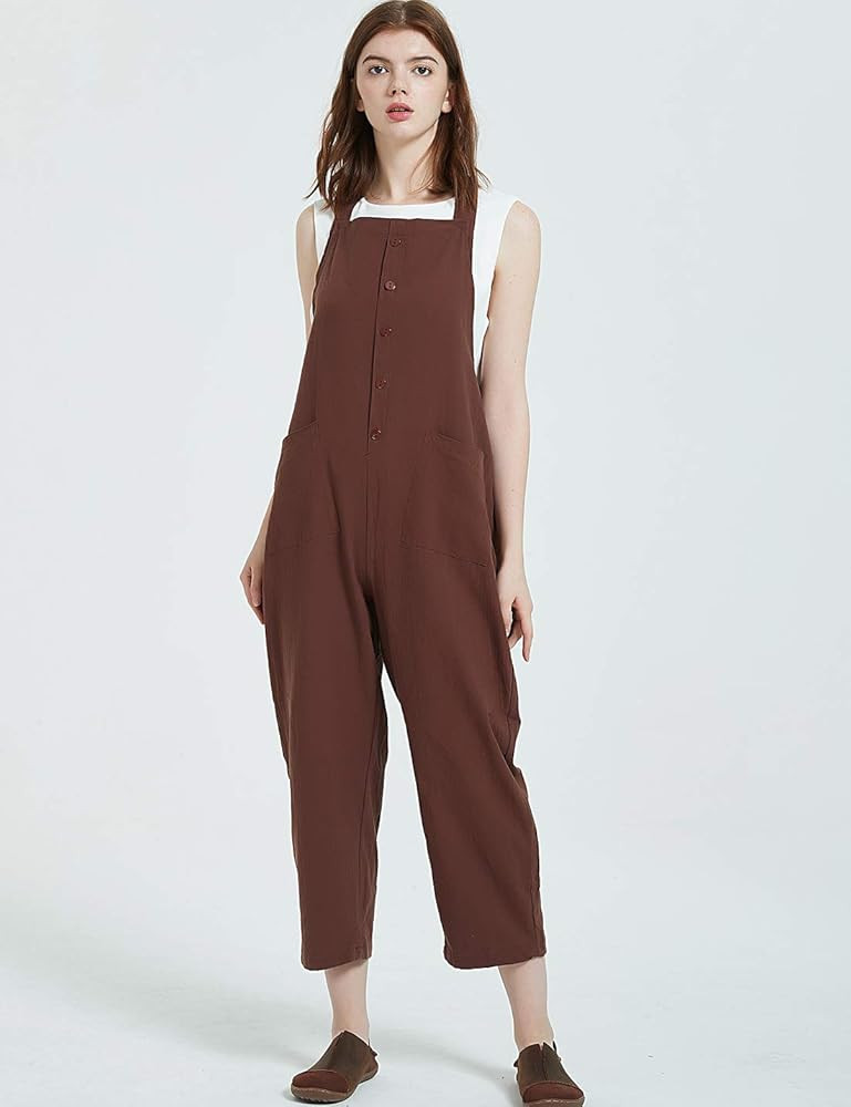 Gihuo Women's Baggy Loose Cotton Linen Bib Overalls Jumpsuits | Amazon (US)