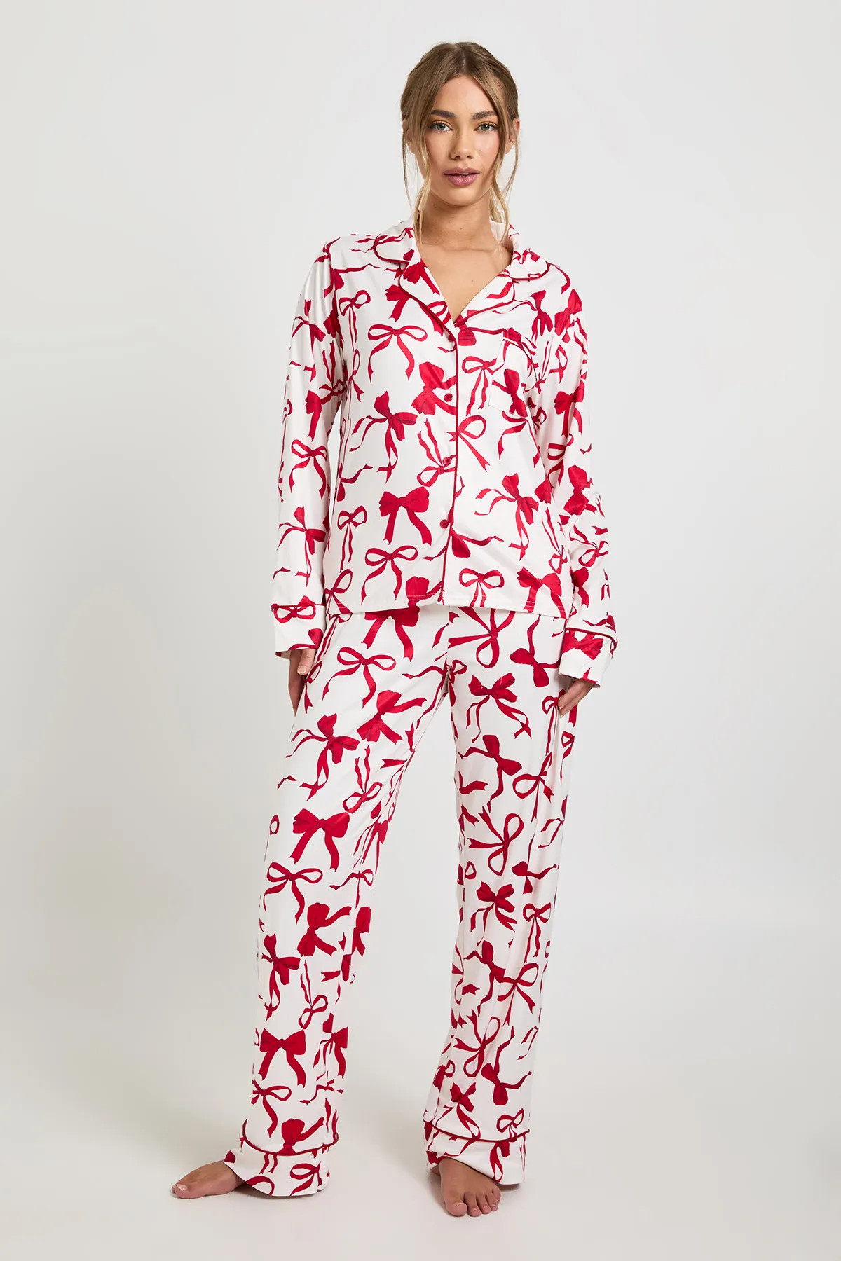 Oversized Bow Print Long Sleeve Shirt & Trouser 3 Piece Pyjama Set | Boohoo.com (UK & IE)