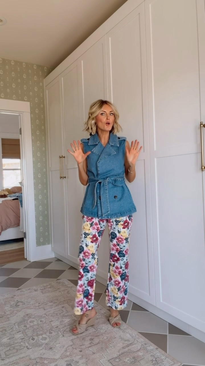 How cute is this spring look?! This denim vest styled with these floral pants is so elevated! Wearing XS/S in the vest & 2 in the jeans!

Loverly Grey, spring outfit, floral pants, denim vest, spring workwear 

#LTKSeasonal