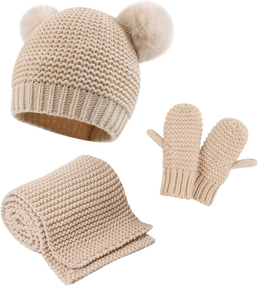 Duoyeree Baby Winter Hat Scarf Glove Beanie Set Girls Boys Pom Pom Knitted Beanie Mitten Scarves ... | Amazon (US)