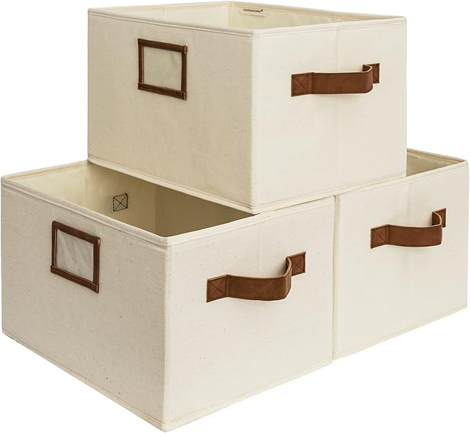 StorageWorks Large Decorative Storage Bins for Shelves, Closet Storage Baskets with PU Handles, H... | Amazon (US)