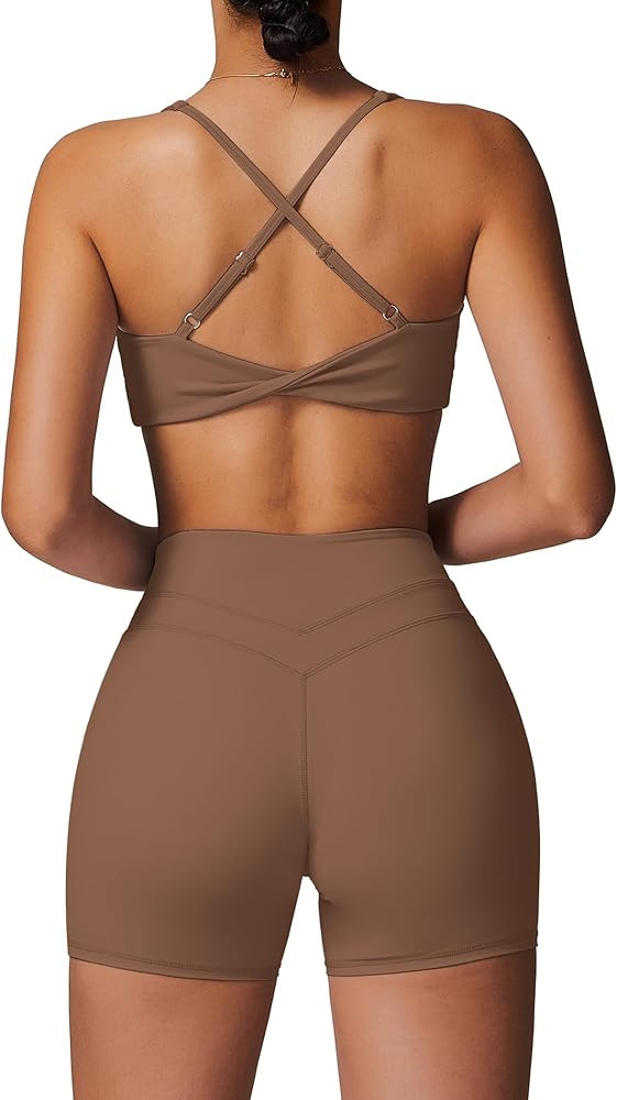 ABOCIW Workout Sets for Women 2 Piece V Neck Twist Back Sports Bra High Waist Biker Shorts Yoga O... | Amazon (US)